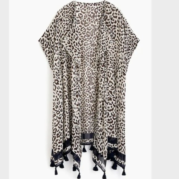 J. Crew Other - J. Crew Leopard Beach Poncho Coverup Tassel Kimono Size Medium/Large